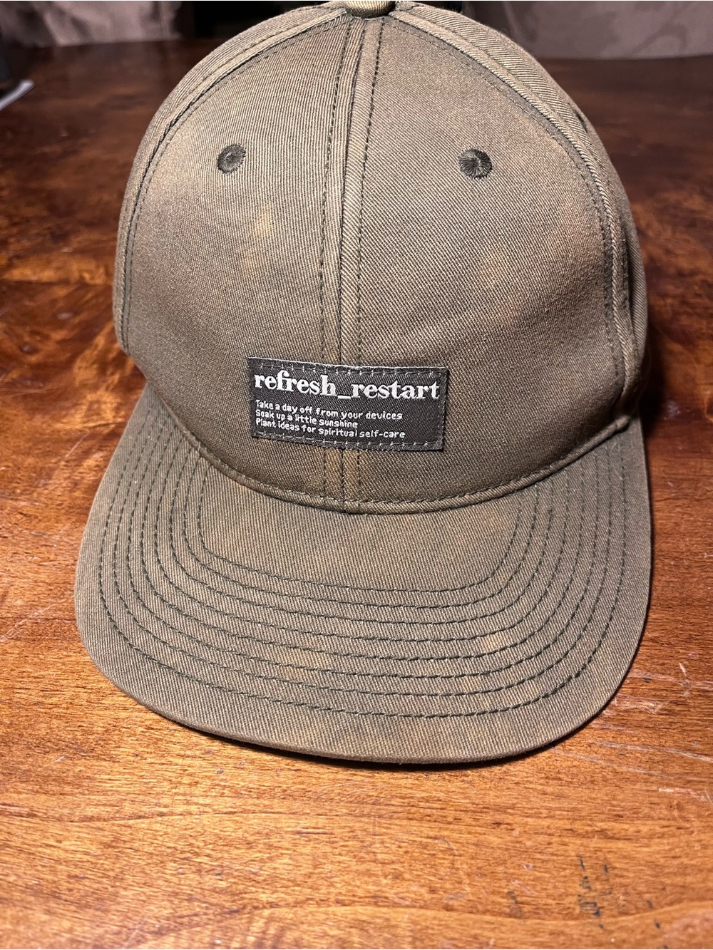H&M "refresh_restart" Minimalist Olive Green Baseball Cap Distressed Color